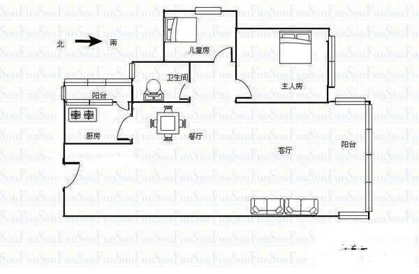 东城花园2室1厅1卫60㎡户型图