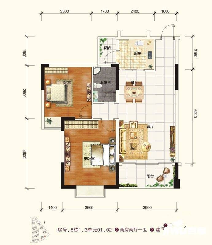 新世界曦岸商铺2室2厅1卫83㎡户型图