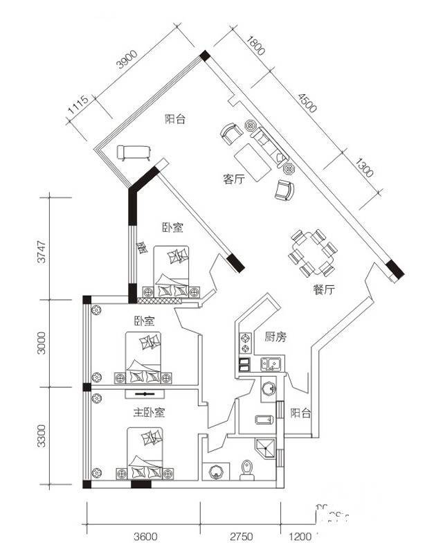 锦江钻石商铺3室2厅2卫115.9㎡户型图