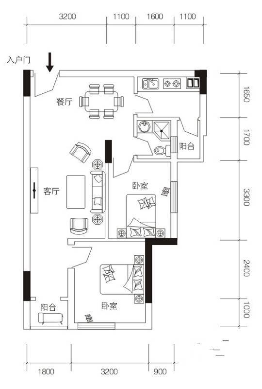 锦江钻石商铺2室2厅1卫72㎡户型图