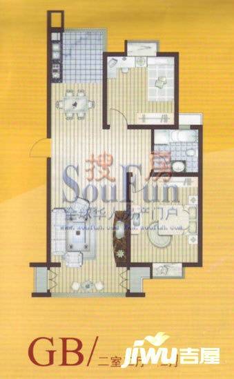 万方水岸2室2厅1卫100㎡户型图