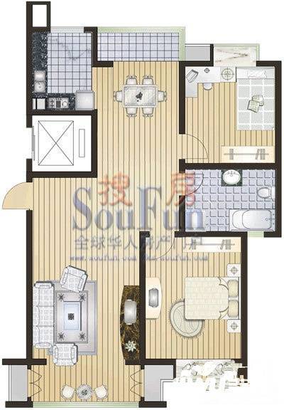 万方水岸2室2厅1卫100㎡户型图