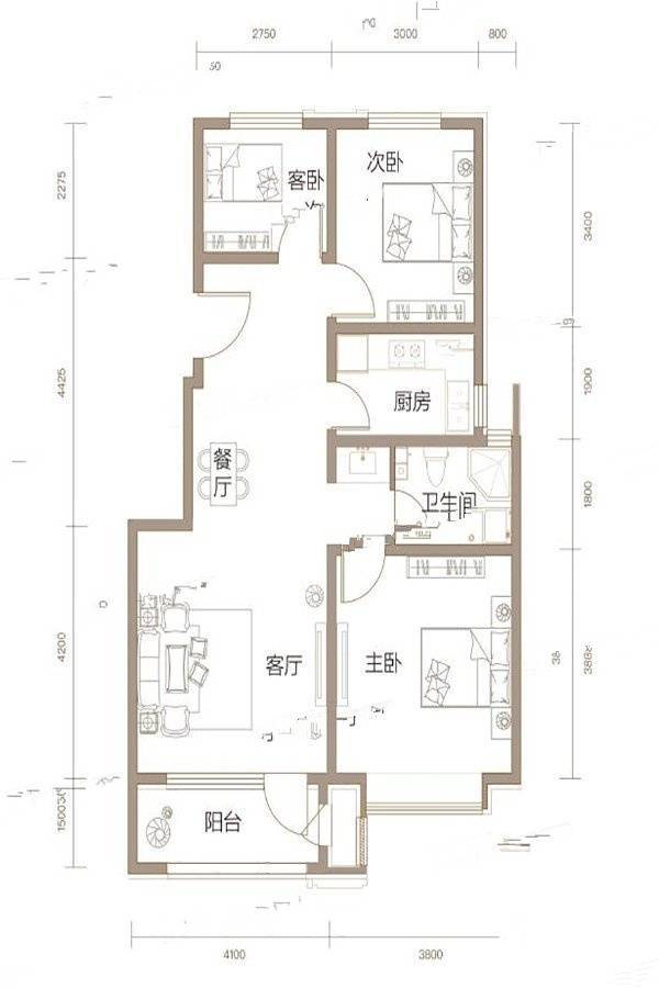 东方怡景3室2厅1卫98㎡户型图