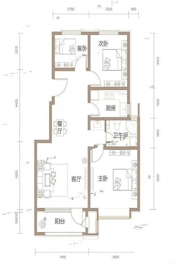 幸福家园(长城大街)3室2厅1卫98㎡户型图